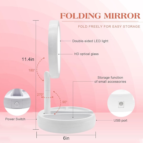 Oplyst Makeup Spejl med Forstørrelse, 1x/10x Forstørrende 21 LED-lamper Rejse Makeup Spejl, Dobbeltsidet Kompakt Spejl med Lys—ca