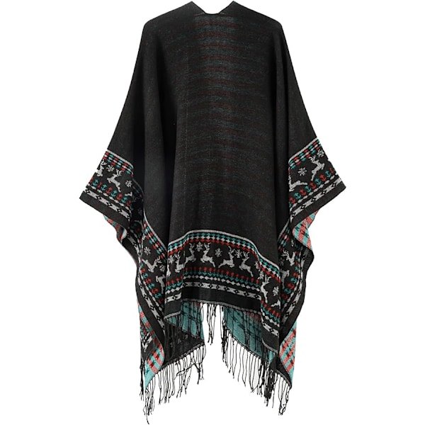1 stk. Sort Fleece Poncho Dame Kappe Retro Åben Kvinde Vinter