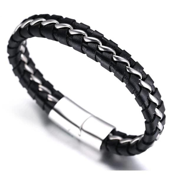 Drenge Børn Ægte Læder Armbånd Sort Titan Sølv Kæde Magnetlås 7 \"/18cm