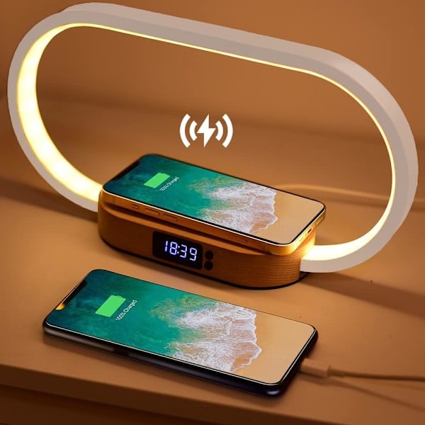 Trådløs Lader Sengelampe, Touch med USB-Port, Induksjonslader med Klokke, Bordlampe med 3 Fargemoduser og Dimbar, Tre & Hvit