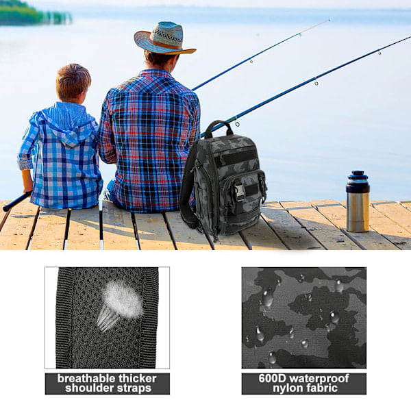 Fiskeväska Ryggsäck Förvaringsväska, Fiske Ryggsäck med Spöhållare, Lättviktig Sling Fiske Ryggsäck, Robust Fiskeväska