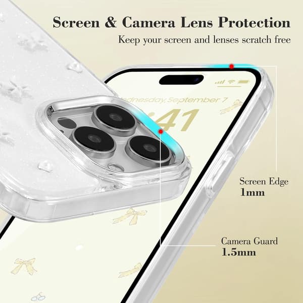 Compatible with iPhone 15 Pro, Bling Glitter 3D Bow Phone Case Cute Sparkly Crystal Clear Bow Slim Soft Durable Protective Cover White Whit White iPhone 15 Pro