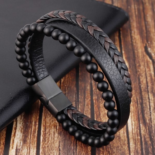 Natursten Vulkansten Læderarmbånd Rustfrit Stål Flettet Læder Multilag Armbånd Herre Titanstål Smykker