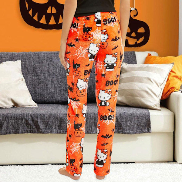 Hello Kitty Flanellpyjamasbyxor för kvinnor i tecknad stil, Halloween-present Halloween Orange L