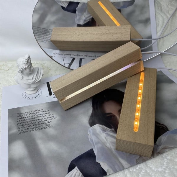 LED-lysbase i træ, 2 stk. Drevet skrivebordsdisplay Rektangulær bundplade USB-oplyst træbasestativ til glas akrylplade, Varmt lys