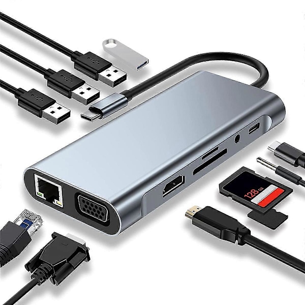 CASA 11 i 1 USB C HUB Dockningsstation med 4K -Kompatibel, VGA, USB 3.0-port, Typ C PD, RJ45 Ethernet, SD