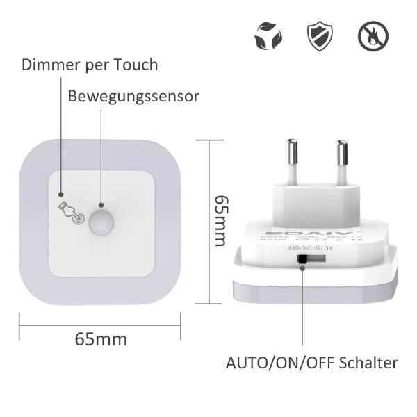 Dæmpbar LED-natlampe med bevægelsessensor Sæt med 2 natlamper Stikkontakter Trinløst justerbar lysstyrke 3 tilstande (Auto/On/Off) Orienteringslys