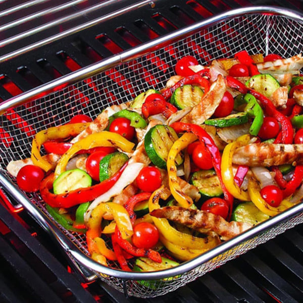 Grillkorg i rostfritt stål, Grillkorg för grönsaker, Kvadratisk durkslagskorg, Fritöskorg - Utomhusmatlagning