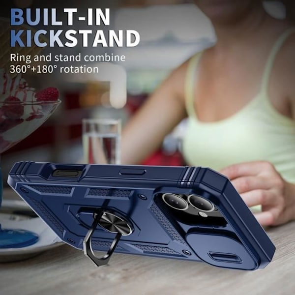 Etui + 2 stk hærdet glas til iPhone 16 - Stødsikkert rigid med støtte ring og linsebeskyttelse - Marineblå