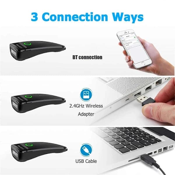 1D 2D QR Streckkodsläsare Mini 2.4G Trådlös Bluetooth Handhållen Portabel Kod Data Matrixläsare med