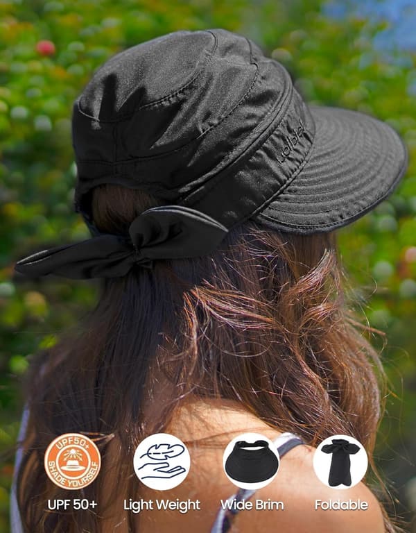 Hatte til kvinder UPF 50+ UV Solbeskyttelse Konvertibel Strandvisirhat Sort Black