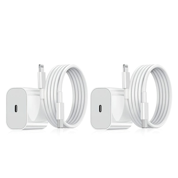 2-Pakning - Lader for iPhone Adapter+Kabel 20W USB-C Hurtiglader Hvit_ca White one size