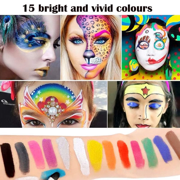 Kropsmaling til børn, 15 farver makeup palette 2 pensler + 4 skabeloner Børne ansigtsmaling sæt til børnefester og karnevalsmaling (ca.)