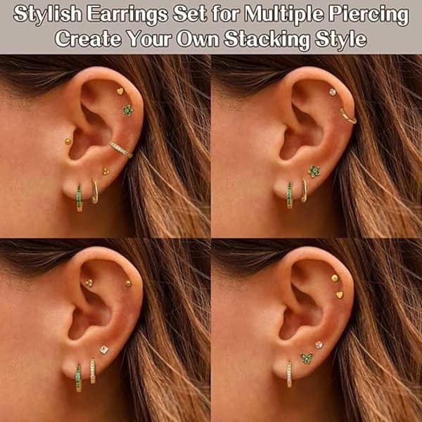 Små øredobber i rustfritt stål, flat bakside for sensitive ører, gullbelagte Gold Plating-Green CZ