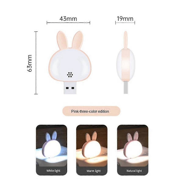 CASA 2 stk. USB Læselampe, Mini Kanin Natlampe, Smart Stemmestyret 3 Farve Bordlampe til Soveværelse Børneværelse W