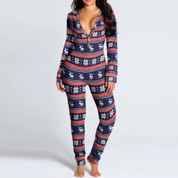 Dam En Del Tryckta Sovkläder Jul Pyjamas Jumpsuit Rompers Långärmad Nattlinne Vit[ca]