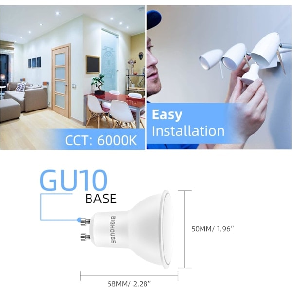 GU10 LED-lampa, 5W motsvarande 40W, 400LM, Kallvit 6000K, GU10 LED Energibesparande med 120° spridningsvinkel [Belysningspaket med 10 standard LED-...