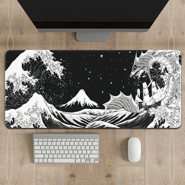 Svart og hvit japanske bølger Sea Dragon Gaming Musematte Abstrakt svart matte 31,5x11,8 tommer Sea Wave Texture Sklisikker R