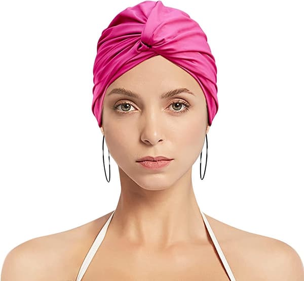 Dame plisseret turban badehætte, blød elastisk polyester hårdækning til langt hår, pool, spa, strand og brusebad, rosenrød
