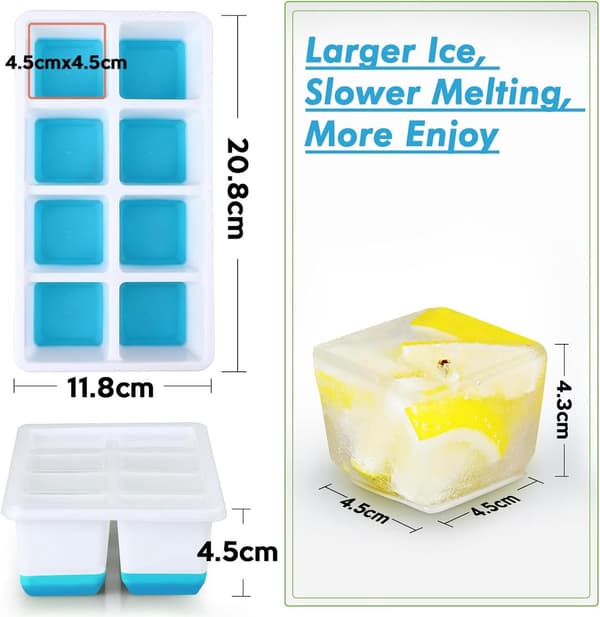 2-pack isbitsformar i silikon med lock, 16 stora kuber 4,5 x 4,5 x 4 cm, BPA-fria, diskmaskinssäkra, för cocktails och whisky, blå