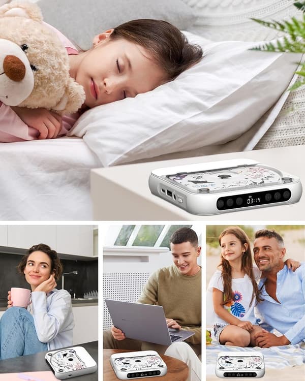 Bærbar Bluetooth CD-spiller med USB C hurtiglading, MP3 WMA-støtte for reise og hjemmebruk, hvit