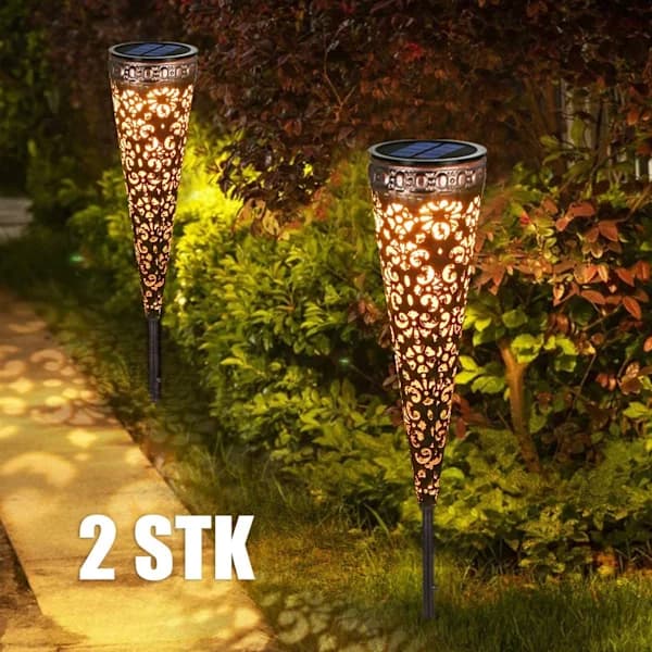 2 stk LED utendørs plugglamper solcellelampe hage metall