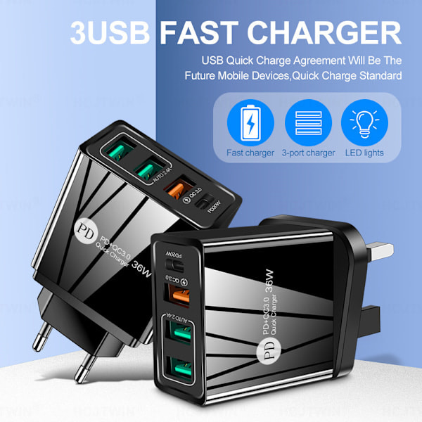 Standard 36W PD20W+2.4A 3USB 4A Europeisk standard mobiltelefonlader Multiport ladehodeadapter