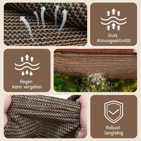 Skyggedug, åndbart solblokerende privatlivsnet med øjer til haver, balkoner og drivhuse, kaffebrun, 2 x 4 m