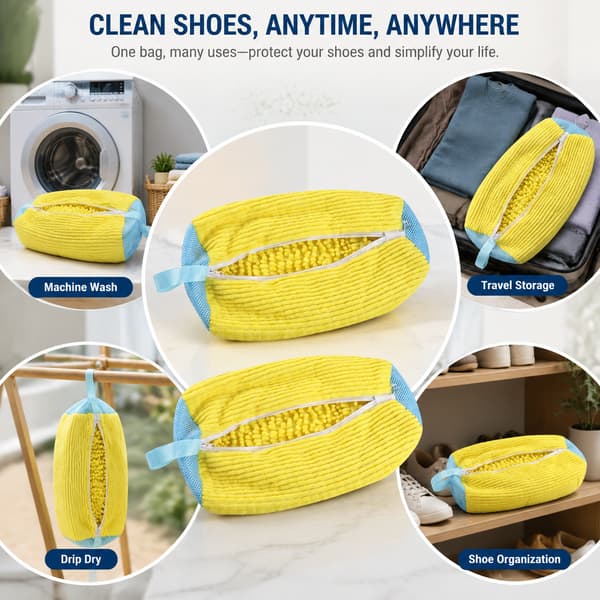 2-pack gula chenille skotvättmaskinspåsar, vadderade blixtlåsförsedda sneaker-tvättpåsar med fluffigt mikrofiberfoder för träningsskor yellow