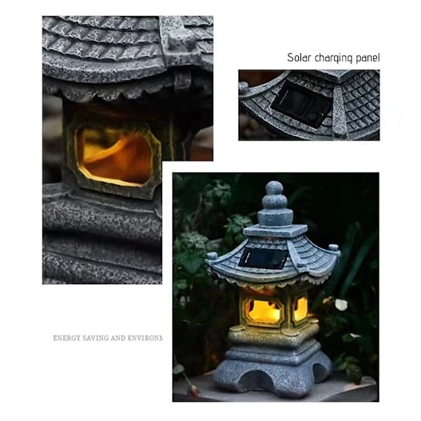 [CA] Utendørs solcellelampe, pagode hagestatue, solcellelykt for hage, LED landskapsbelysning med simulert pagode, grå [JUN] Gray Free Size