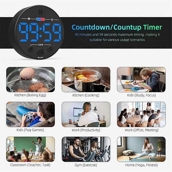 Visuell digital timer med LED-display - Ideell for kjøkken, blå