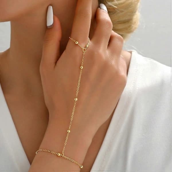 [CA] Ringarmbånd Håndkæde Armbånd (Guld) til Kvinder Håndperlede Fingerkæder Armbånd Ringarmbånd