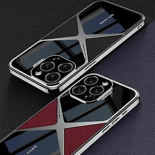 För iPhone 14 Pro Max Skarvat Telefonfodral Läderbelagd TPU+PC Hybrid Skal