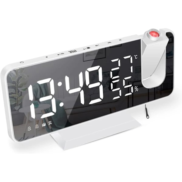 Projector Alarm Clock, Clock Radio with Temperature, Humidity, 7.5 Inch Mirror LED Display, with Automatic Dimming Function, (White)