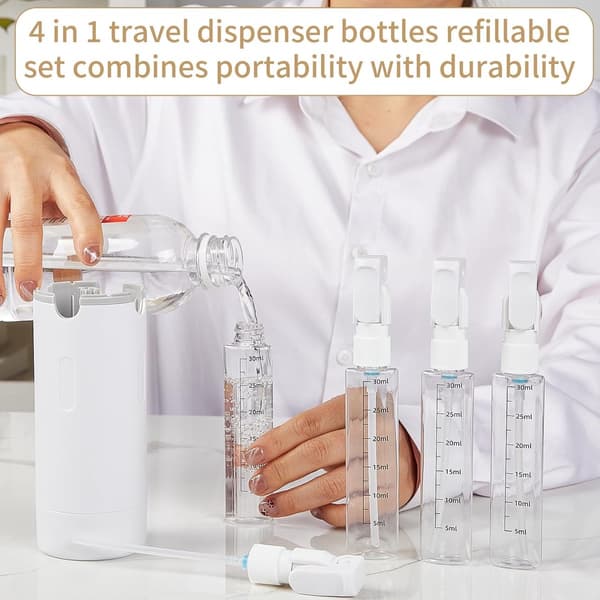 4-i-1 Resedispenserflaskor Påfyllningsbara Läckagesäkra Toalettartiklar för Schampo och Lotion 4 x 30 ml Vit