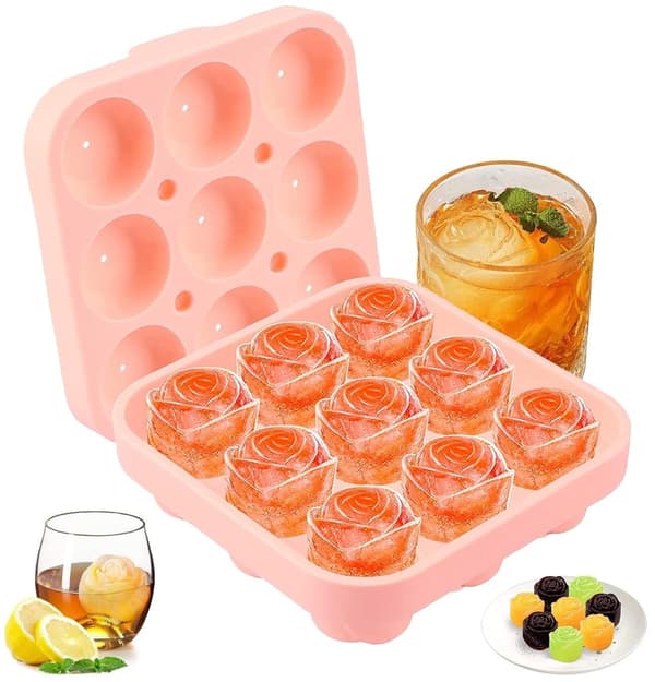 Silikon Rose Isbitform, BPA-fri 9-hulls 3D-form med lokk for cocktailer, drinker og desserter, rosa