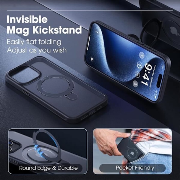 Etui for iPhone 16, hardt støtsikker beskyttelse med roterende magnetisk ringholder - svart navy blue