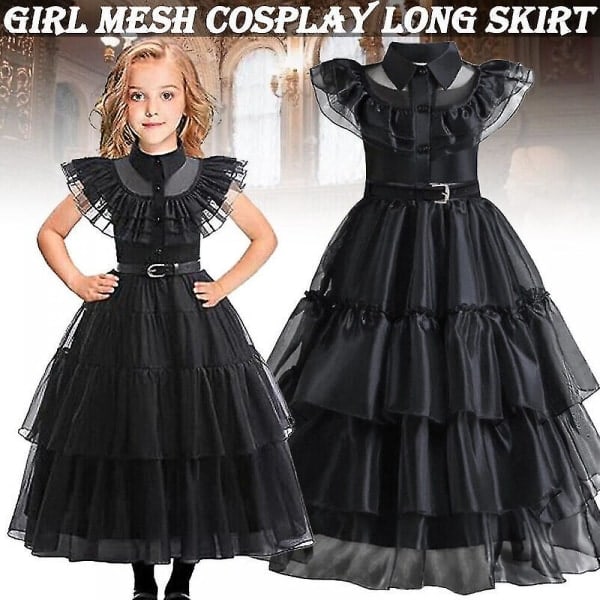 Barnkostume til Halloween - Wednesday Addams Dress Belt Bag Gloves Wig 130cm