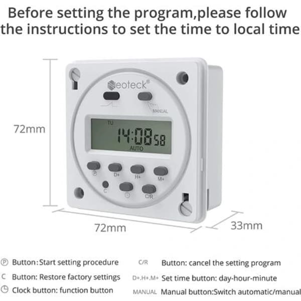 Programmerbar Timer 12V 16A med 16 programmer, LCD-skjerm og tyverisikring