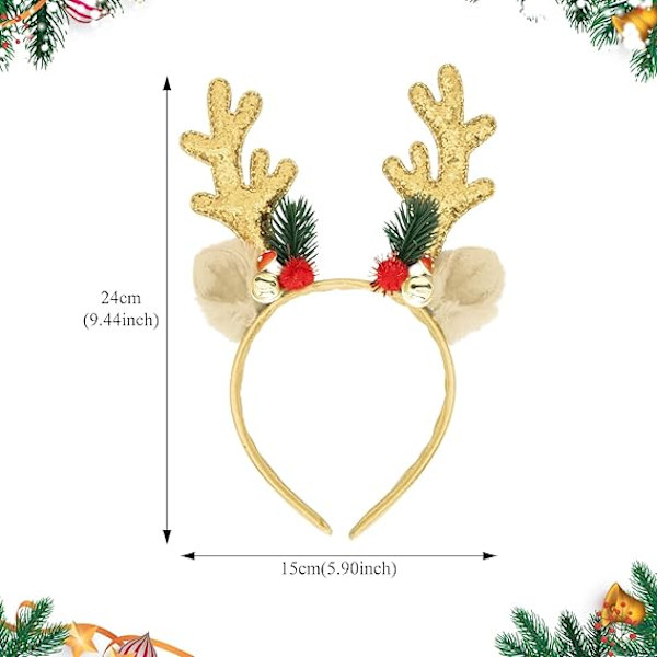 Julehatt med Reinsdyrhorn Hodebånd Paljetter Jul Hårbånd Søte Jule Hårbånd med Ører Julehatt Topper Kostyme Hodeplagg Gold