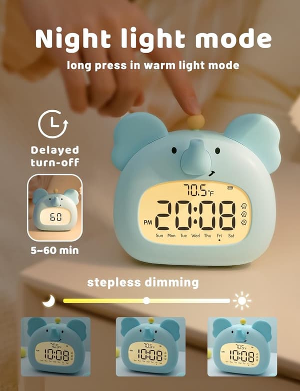 Børnevækkeur, Elefant Natlampe, Digital Søvntræner Med LED Display, 3 Alarmer, Nedtællingstimer, Genopladelig, Blå