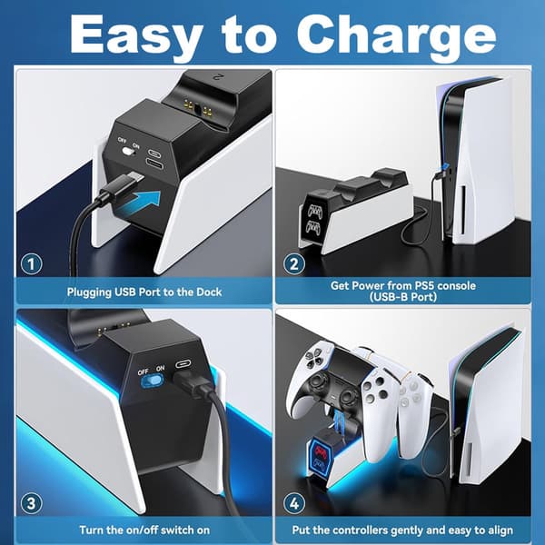 PS5 Controller Opladningsdock, Dobbelt Hurtigoplader Stand med LED-indikator og Sikker Beskyttelse til Gamere, Sort Hvid