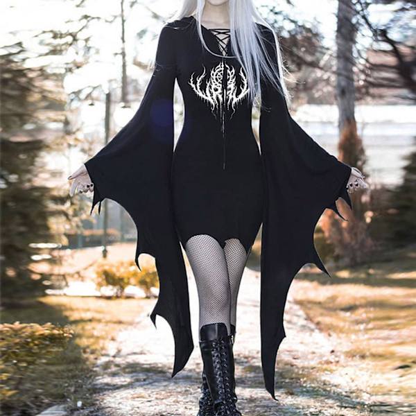 Klänning för kvinnor, fjärilsärmar oregelbundna kostymer häxa Halloween karnevalfest Black XL