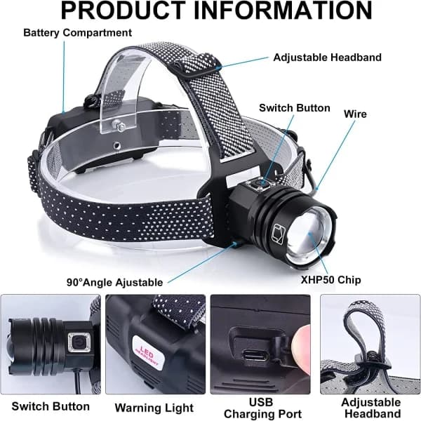 LED-hodelykt, oppladbar, 90 000 lumen supersterk hodelykt