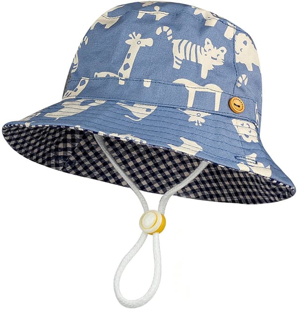 Solhatt for barn, bred brem, justerbar hakestropp, tegneseriedyrtrykk, strandreise, blå, størrelse L 52 cm