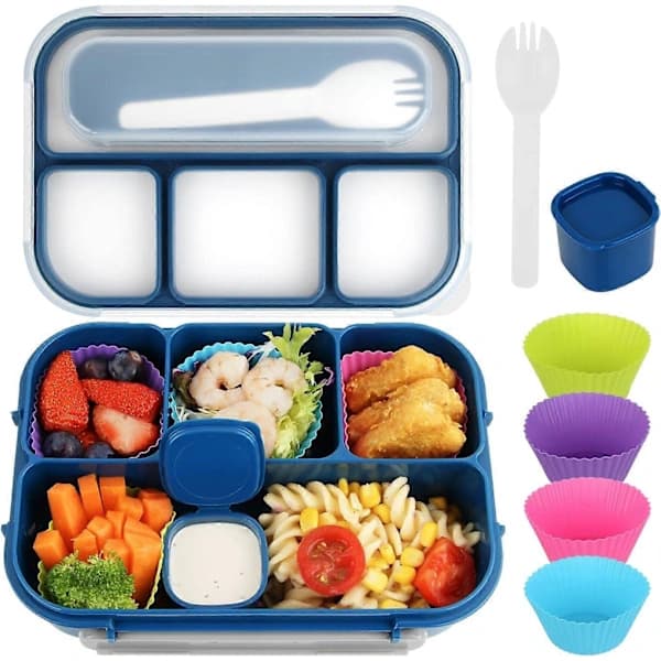 Matboks Voksen, Matboks Barn, Matbeholder for Voksne/Barn/Studenter, 1300ML - Bento Matboks med 6 Rom Blå