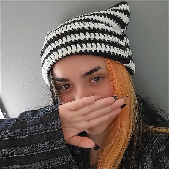 Dam Kattmössa Virkade Hattar med Öron Stickad Vinter Varm Elastisk Mössa Slouchy för Flickor Vuxna Barn