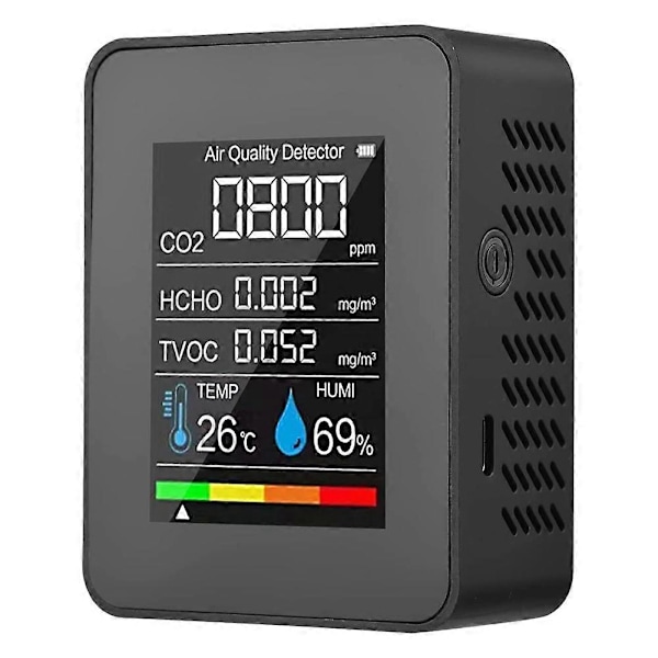 CASA 5 i 1 Luftkvalitetsmåler TVOC HCHO Temperatur Fugtighed CO2 Måler, USB Genopladelig CO2 Detektor Sort