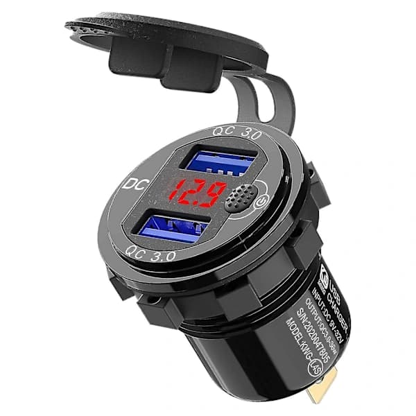 Char 3.0 Dobbelt 12V USB Billader, Udtag Med S Knap Rød Digital Voltmeter
