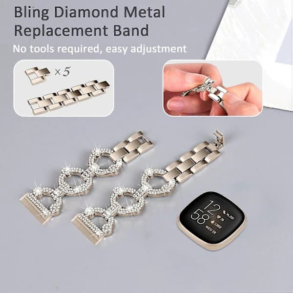 For Fitbit Versa 4/Sense 2 Rhinestone Dekor Klokkearmbånd Rustfritt Stål Armbånd Champagne